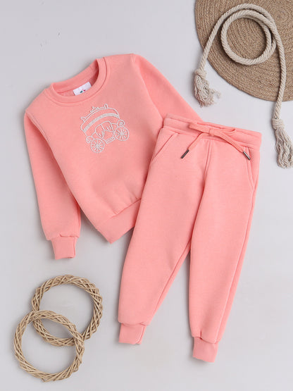 Knitting Doodles Kids' Jogger Set with Warm Fleece and Pretty Carriage in Bead Work- Peach