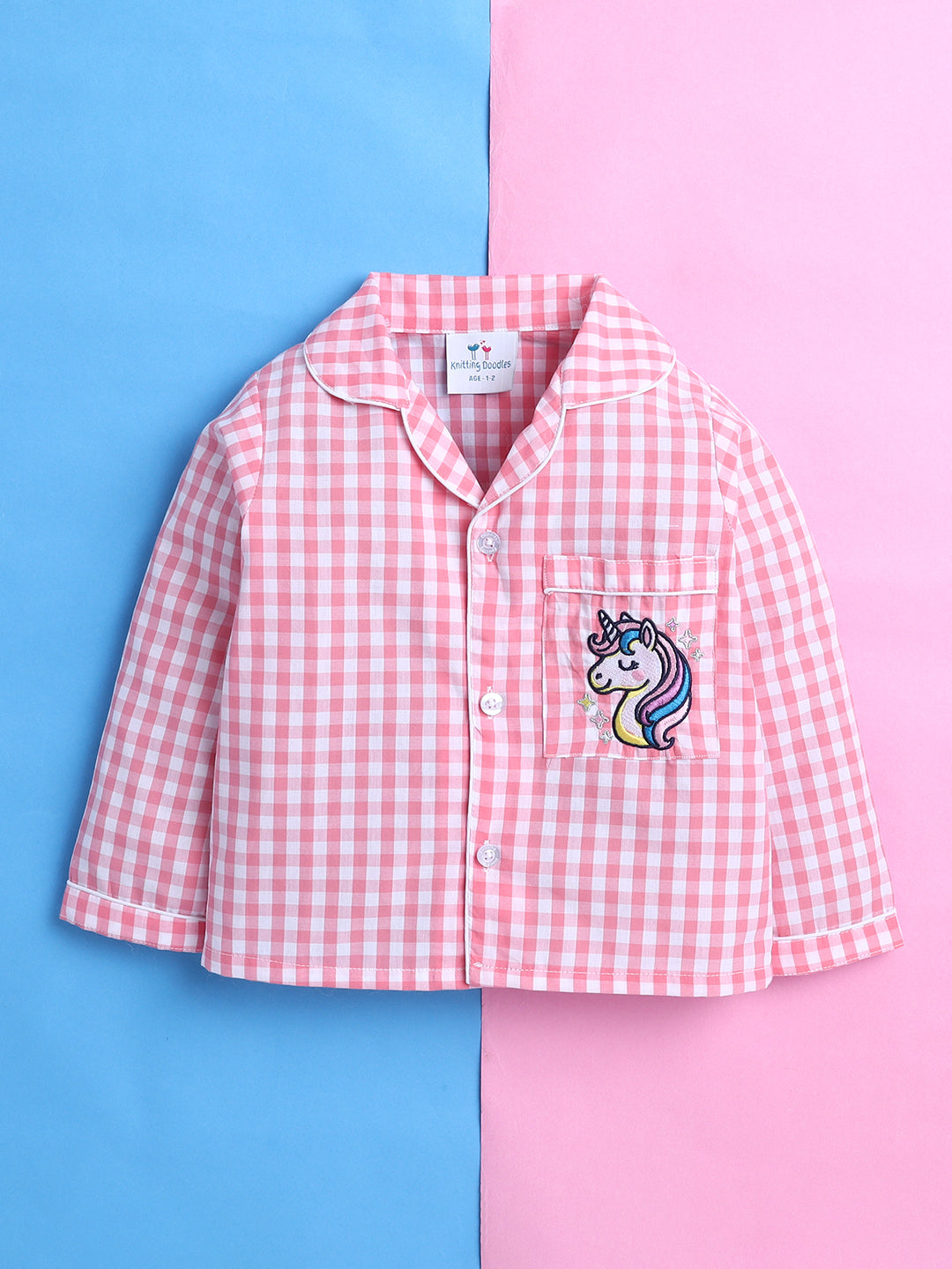 Pink and White Checks Nightsuit with Unicorn Embroidery on Pocket- Pink and White