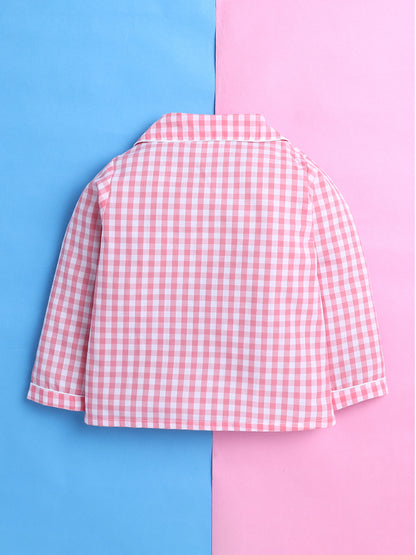 Pink and White Checks Nightsuit with Unicorn Embroidery on Pocket- Pink and White