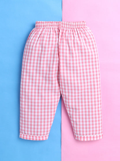 Pink and White Checks Nightsuit with Unicorn Embroidery on Pocket- Pink and White