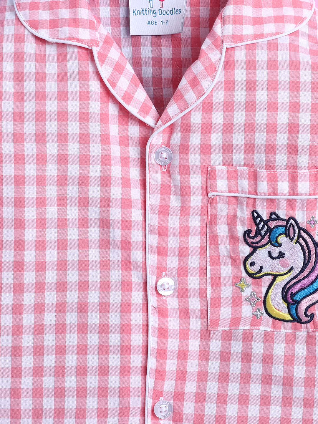 Pink and White Checks Nightsuit with Unicorn Embroidery on Pocket- Pink and White