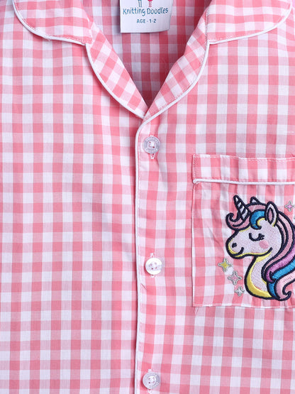 Pink and White Checks Nightsuit with Unicorn Embroidery on Pocket- Pink and White