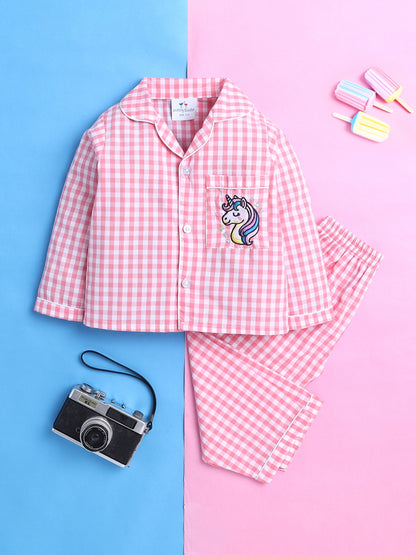 Pink and White Checks Nightsuit with Unicorn Embroidery on Pocket- Pink and White