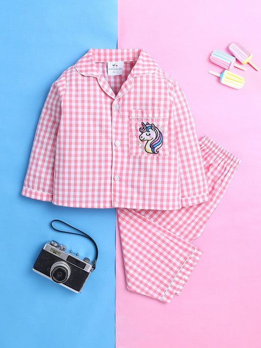 Pink and White Checks Nightsuit with Unicorn Embroidery on Pocket- Pink and White