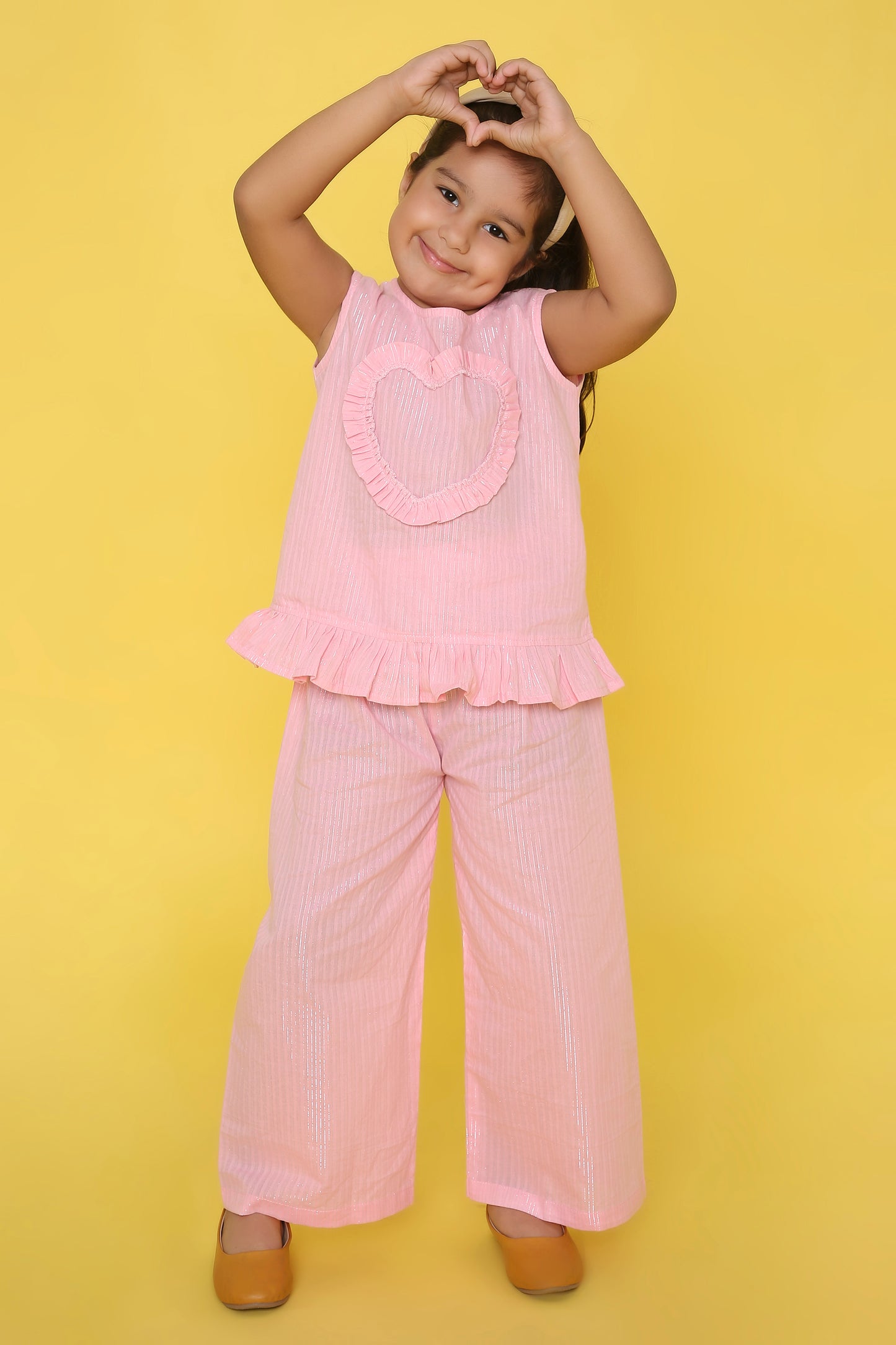 Pink Coord set with heart detailing on the Top and Pleated Pants