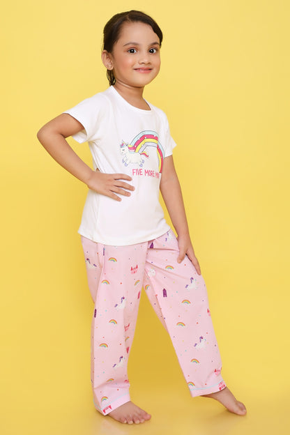 Knitting Doodles Premium Cotton Kids' Night suit with Unicorn print t-shirt and Pyjama- Pink and White