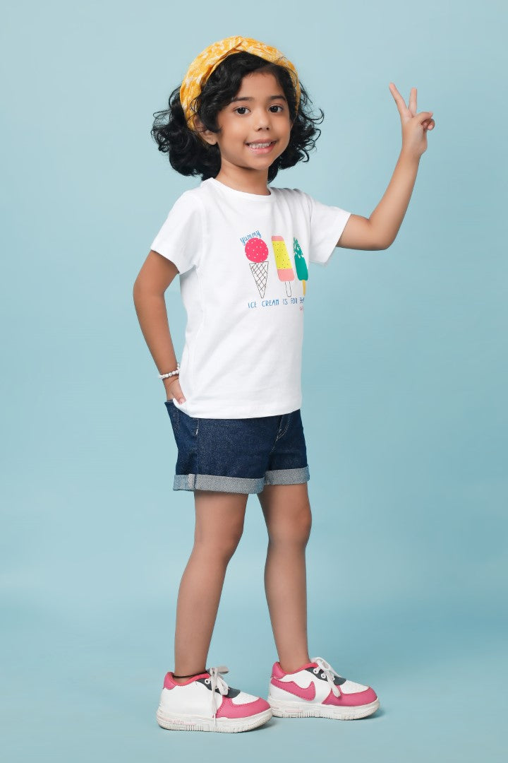 Knitting Doodles Pure cotton Girls' White t-shirt with Cute Summer Popsicles print- White