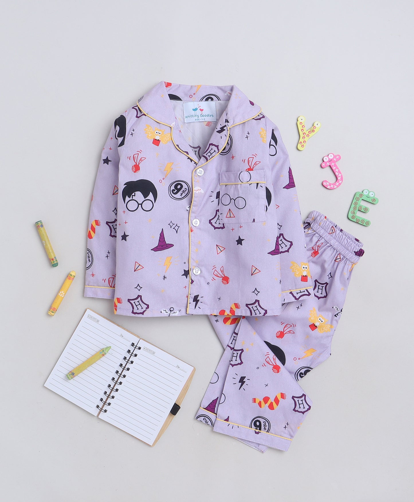 Knitting Doodles Premium cotton Kids' Notched Collar Night suit in Smart potter themed Print- Purple