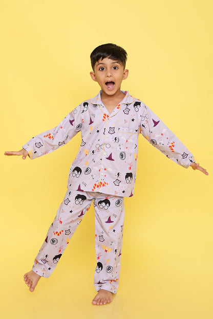 Knitting Doodles Premium cotton Kids' Notched Collar Night suit in Smart potter themed Print- Purple