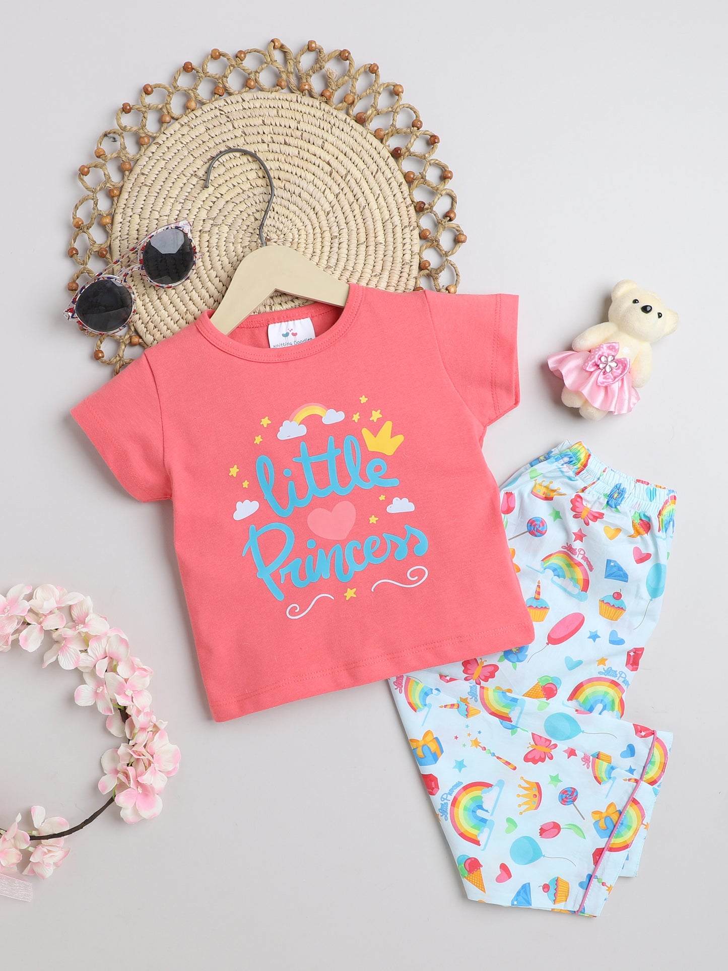 Princess Print T-shirt and Pyjama- Pink & Blue