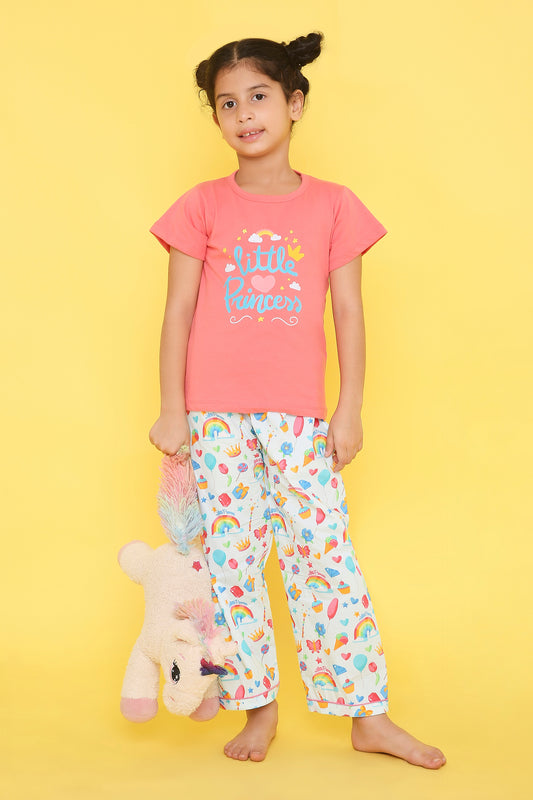 Princess Print T-shirt and Pyjama- Pink & Blue