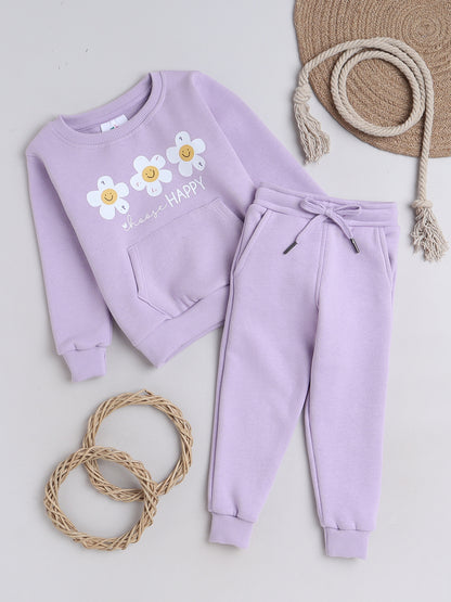 Knitting Doodles Kids' Jogger Set with Warm Fleece and smart flowers Print- Purple