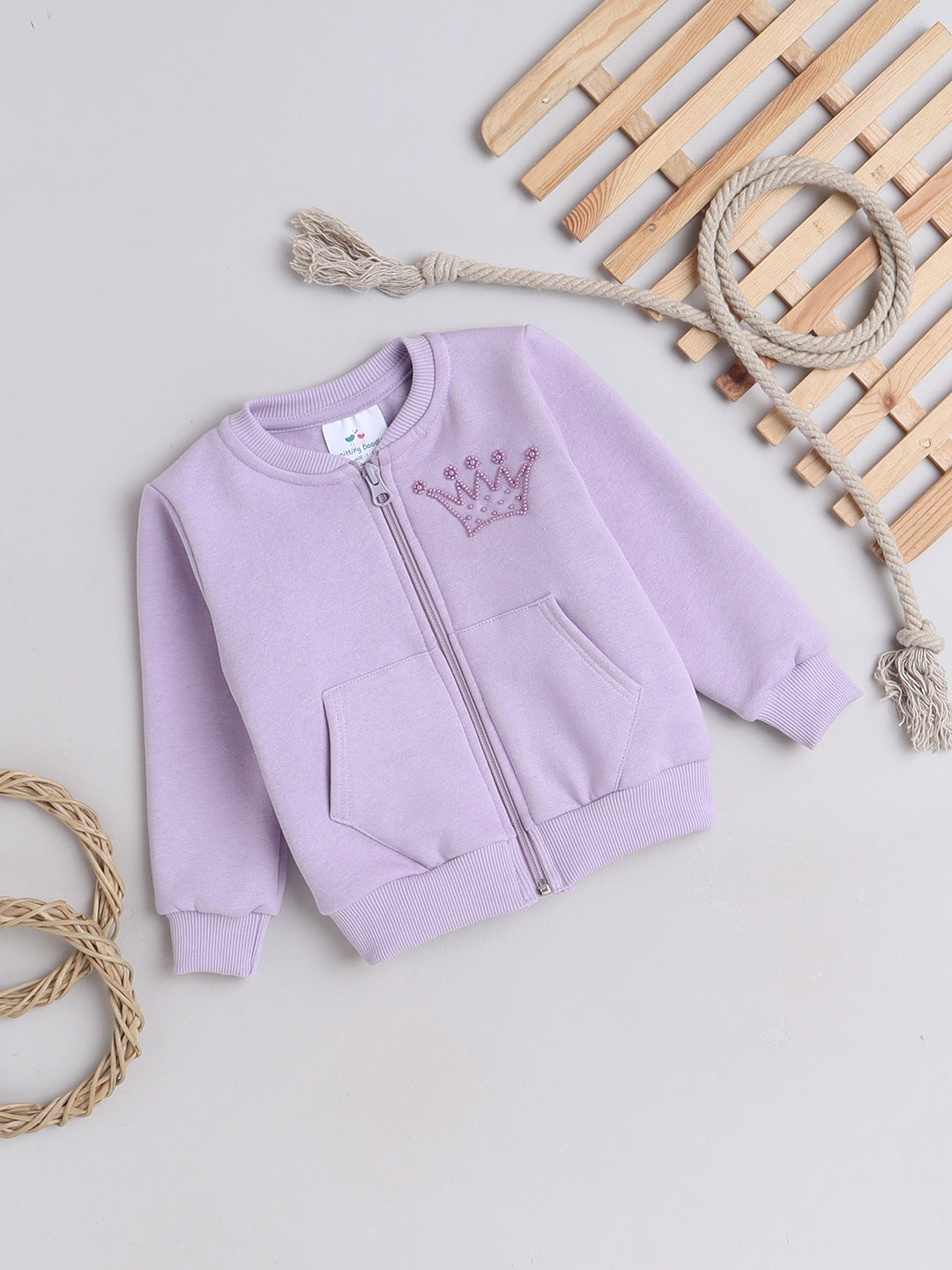 Knitting Doodles Kids' Jacket with Warm Fleece and Pretty Crown Detailing- Purple