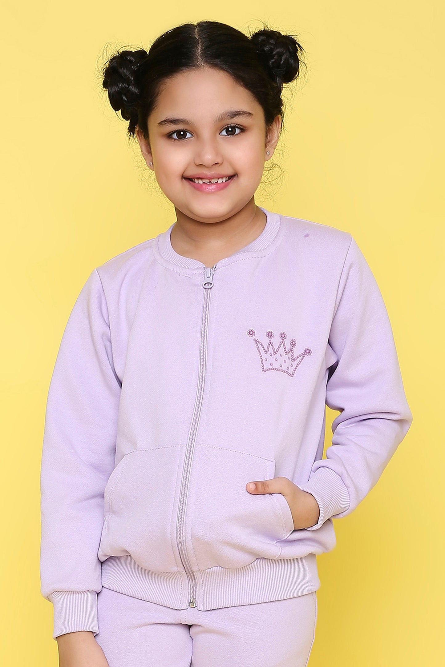 Knitting Doodles Kids' Jacket with Warm Fleece and Pretty Crown Detailing- Purple