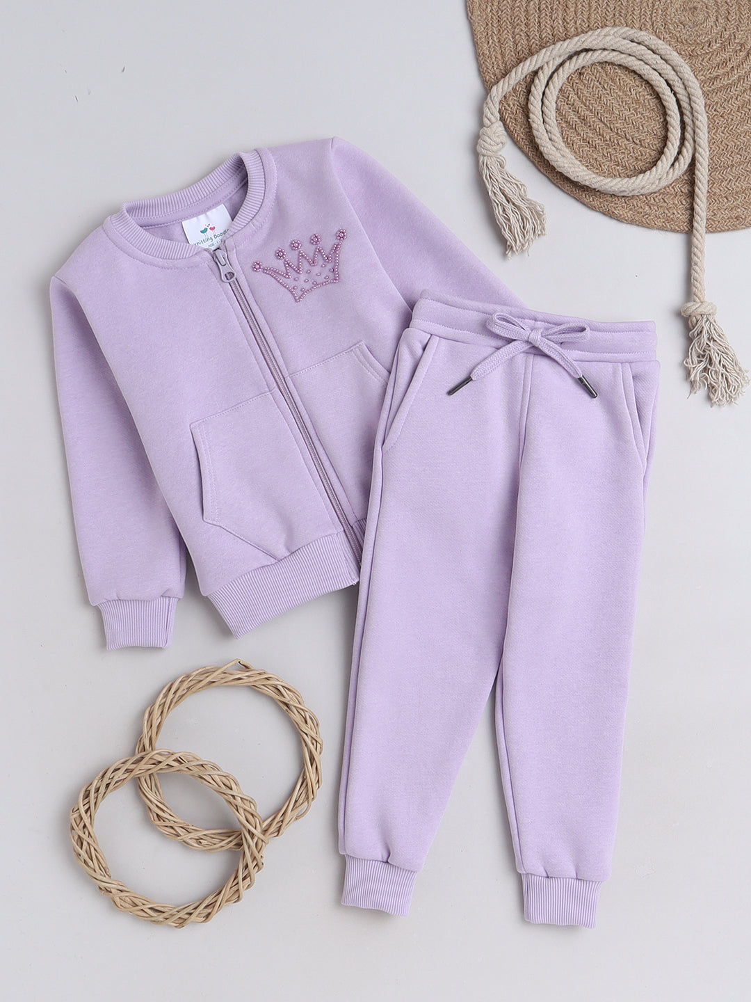 Knitting Doodles Kids' Jogger Set with Warm Fleece and Pretty Crown Detailing- Purple