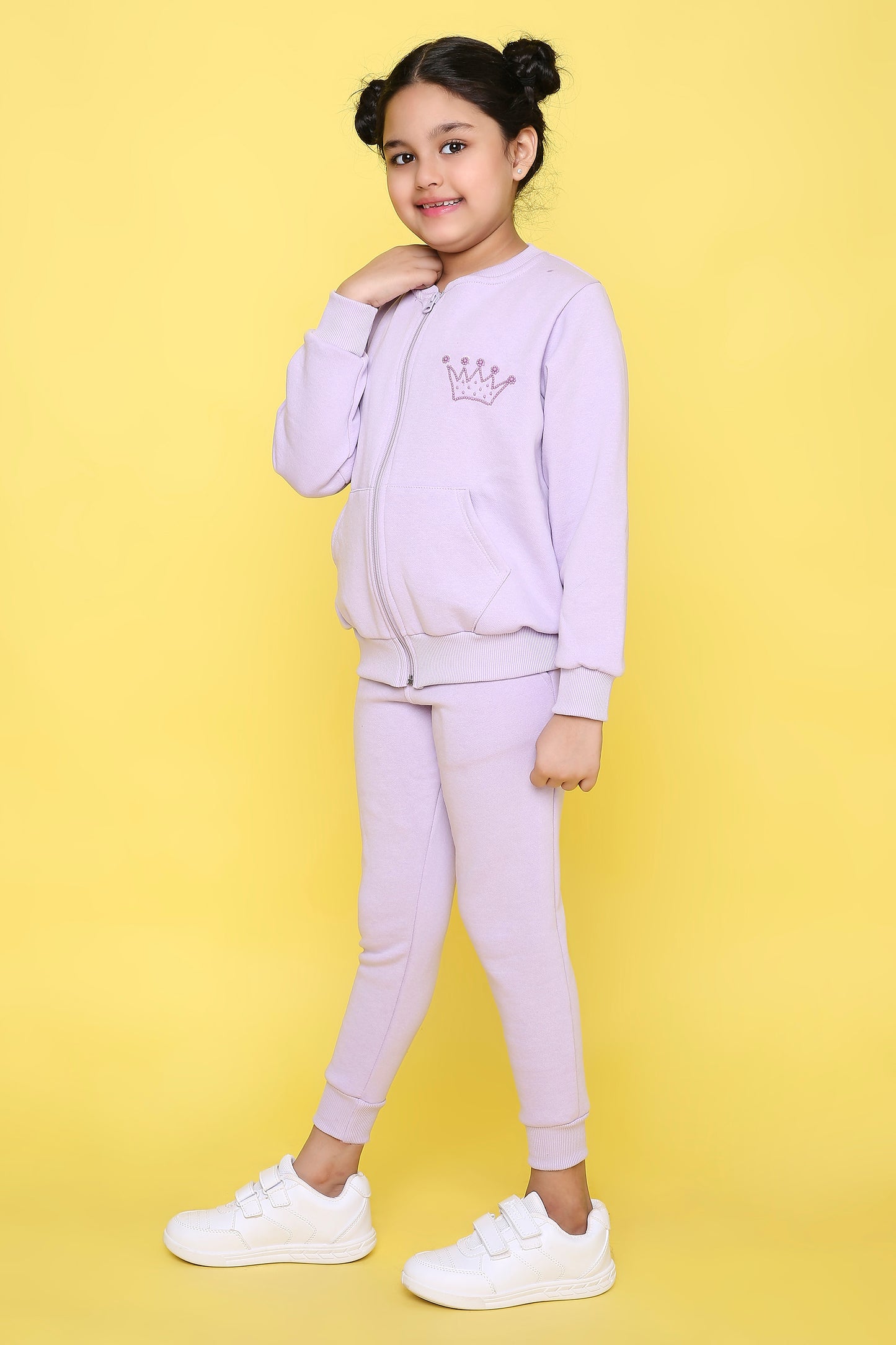 Knitting Doodles Kids' Jogger Set with Warm Fleece and Pretty Crown Detailing- Purple