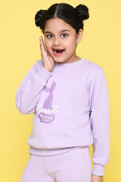 Knitting Doodles Kids' Sweat Shirt with Warm Fleece and Pretty Mermaid Squad Print- Purple