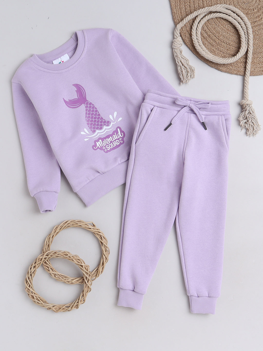 Knitting Doodles Kids' Jogger Set with Warm Fleece and Pretty Mermaid Squad Print- Purple
