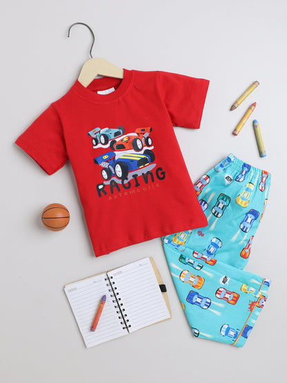 Racing Car Print T-shirt and Pyjama- Red & Green