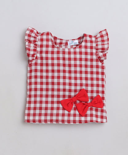 Knitting Doodles Premium Cotton Girls' Checks Coordset with Shorts and top with Cute Bows- Red and White