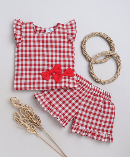 Knitting Doodles Premium Cotton Girls' Checks Coordset with Shorts and top with Cute Bows- Red and White