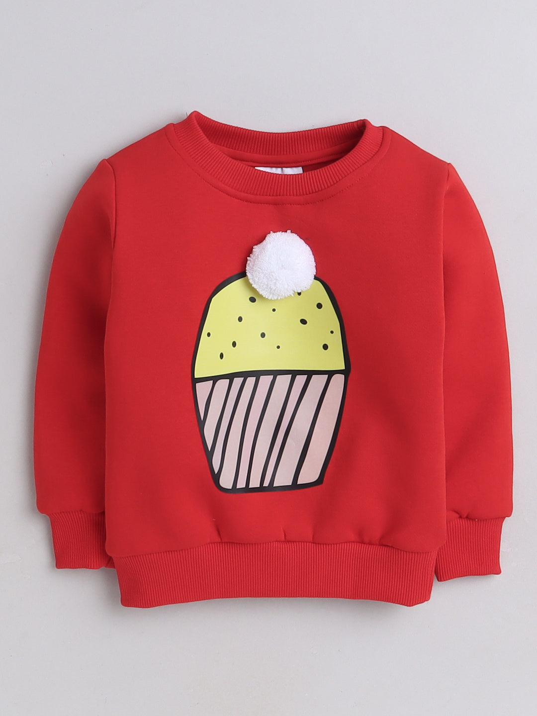 Knitting Doodles Kids' Sweat Shirt with Warm Fleece and Smart Cupcake print and a pom pom- Red