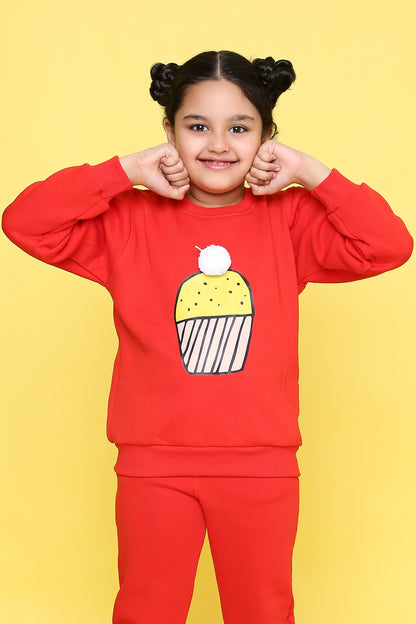 Knitting Doodles Kids' Sweat Shirt with Warm Fleece and Smart Cupcake print and a pom pom- Red