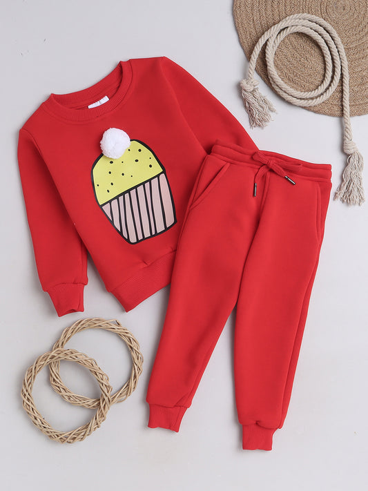 Knitting Doodles Kids' Jogger Set with Warm Fleece and Smart Cupcake print and a pom pom- Red