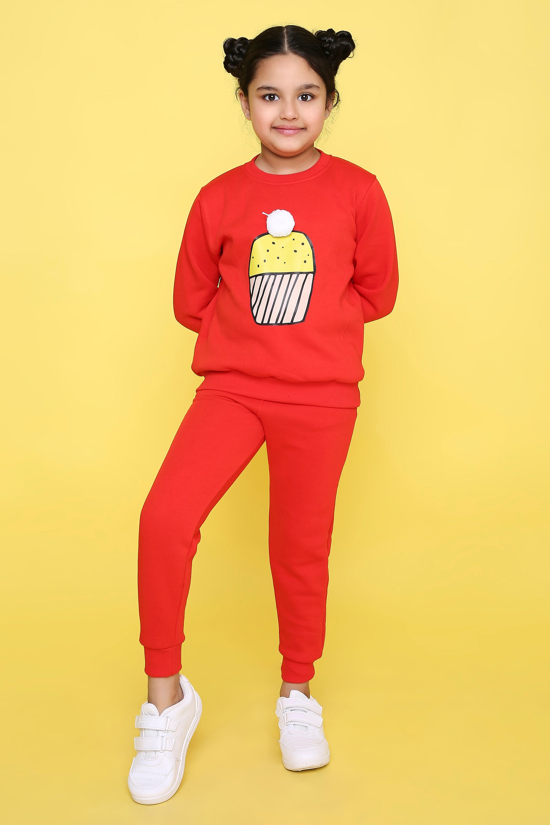 Knitting Doodles Kids' Jogger Set with Warm Fleece and Smart Cupcake print and a pom pom- Red