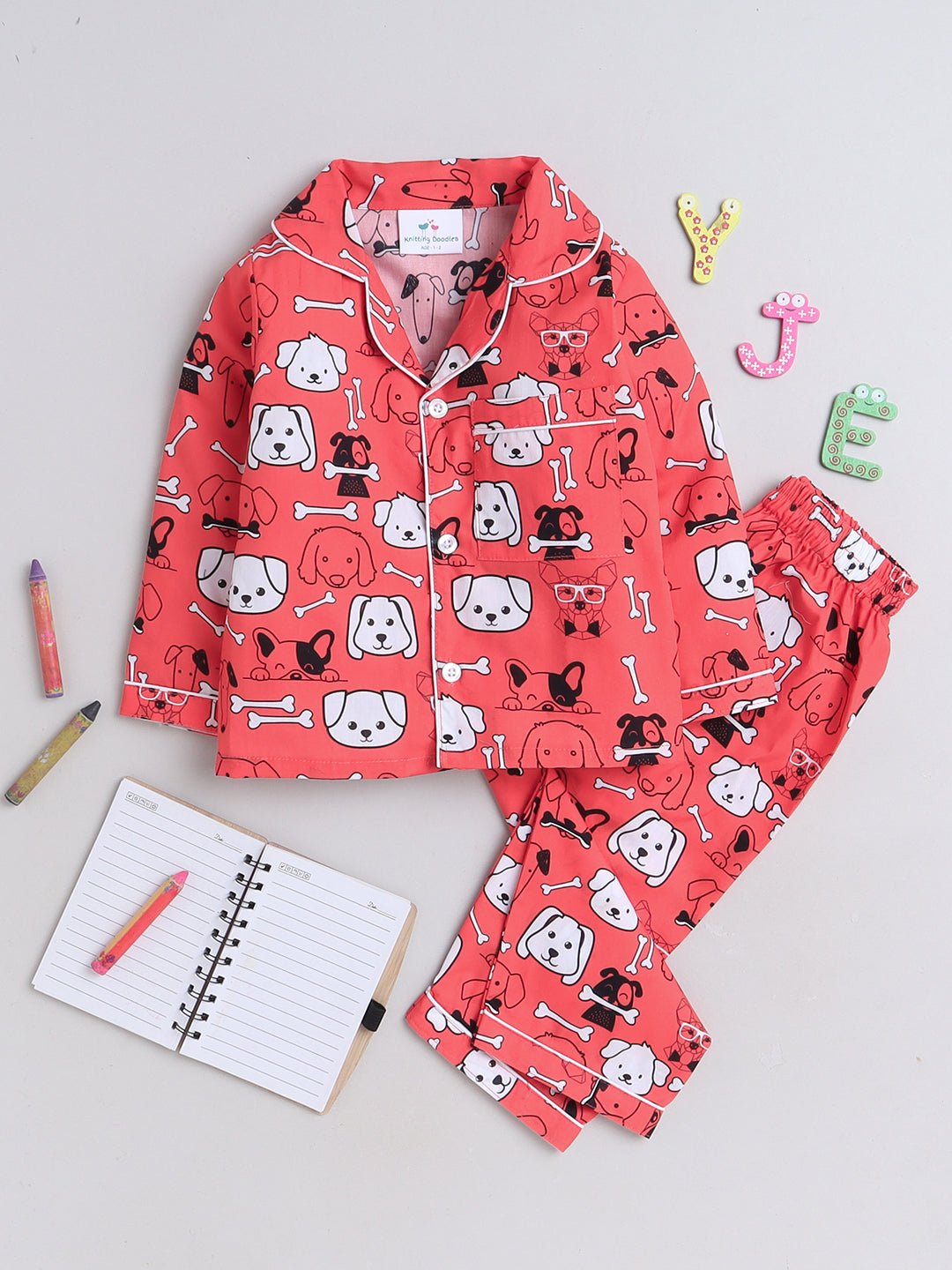 Dogs Print Night Suit- Red