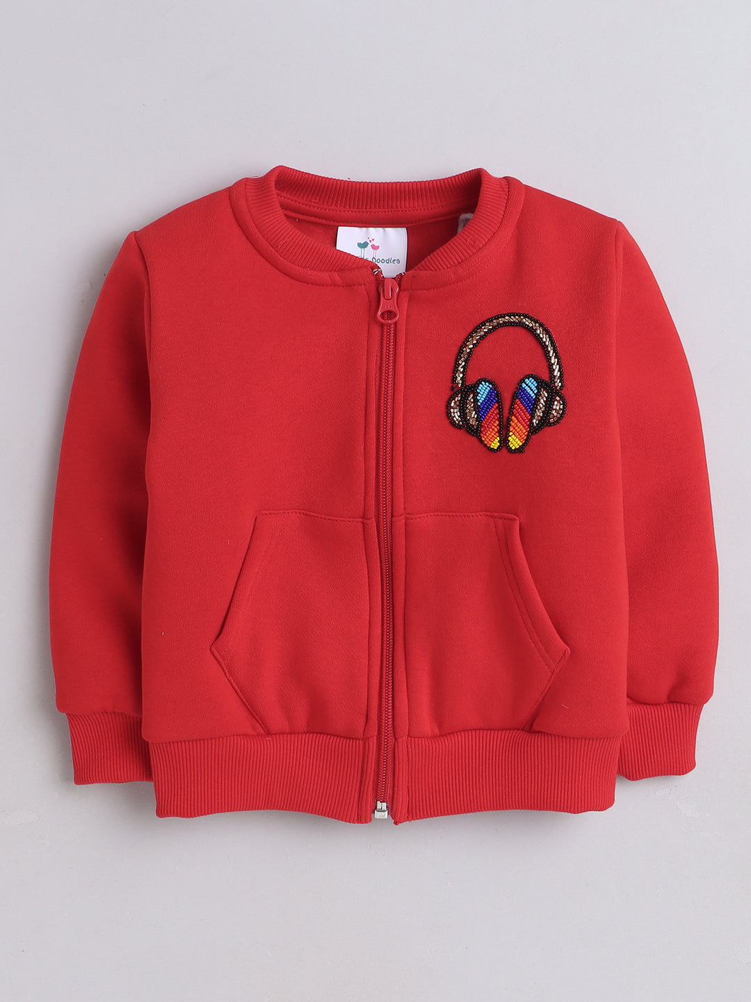 Knitting Doodles Kids' Jacket with Warm Fleece and Headphones Bead work Detailing- Red