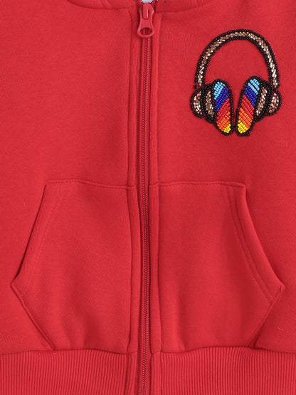 Knitting Doodles Kids' Jacket with Warm Fleece and Headphones Bead work Detailing- Red