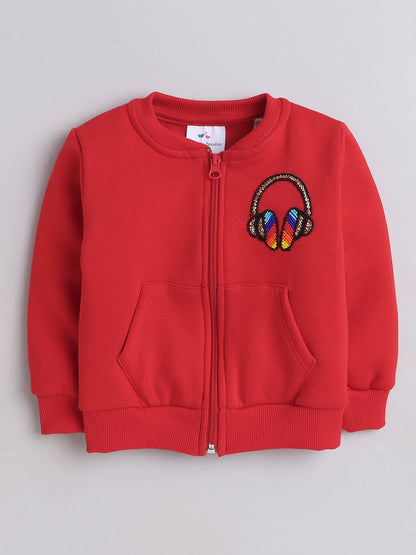 Knitting Doodles Kids' Jogger Set with Warm Fleece and Headphones Bead work Detailing- Red