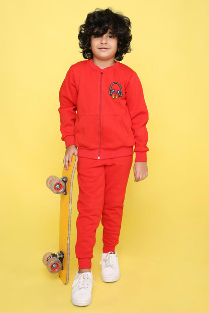 Knitting Doodles Kids' Jogger Set with Warm Fleece and Headphones Bead work Detailing- Red