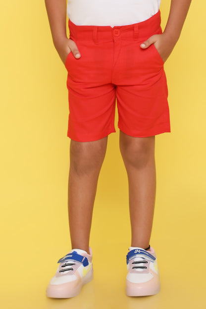 Knitting Doodles Pure Cotton Boys' Shorts wih Adjustable Waist- Red