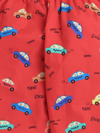 Taxi Cars Print Night Suit- Red