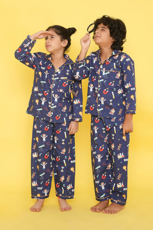 Science Print Night Suit- Blue