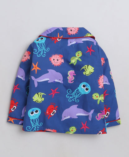 Knitting Doodles Premium cotton Kids' Notched Collar Night suit in Cute Sea animals Print- Blue