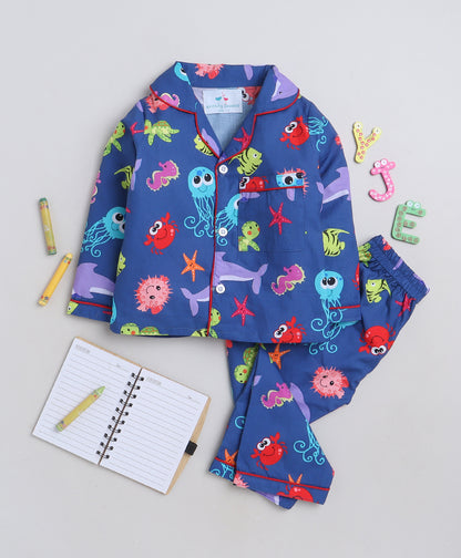 Knitting Doodles Premium cotton Kids' Notched Collar Night suit in Cute Sea animals Print- Blue