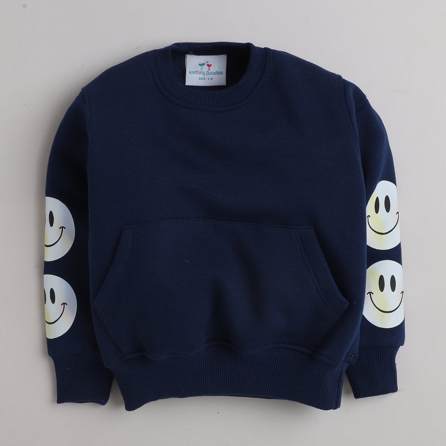 Smiley Sweatshirt with Fleece Lining- Navy