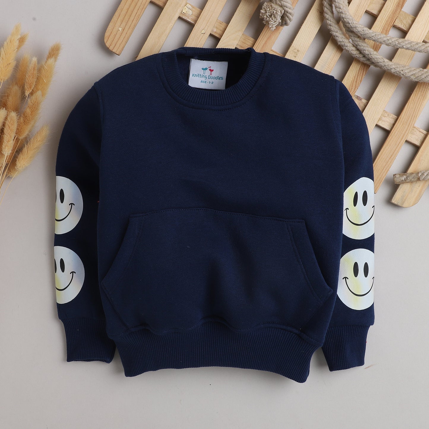 Smiley Sweatshirt with Fleece Lining- Navy