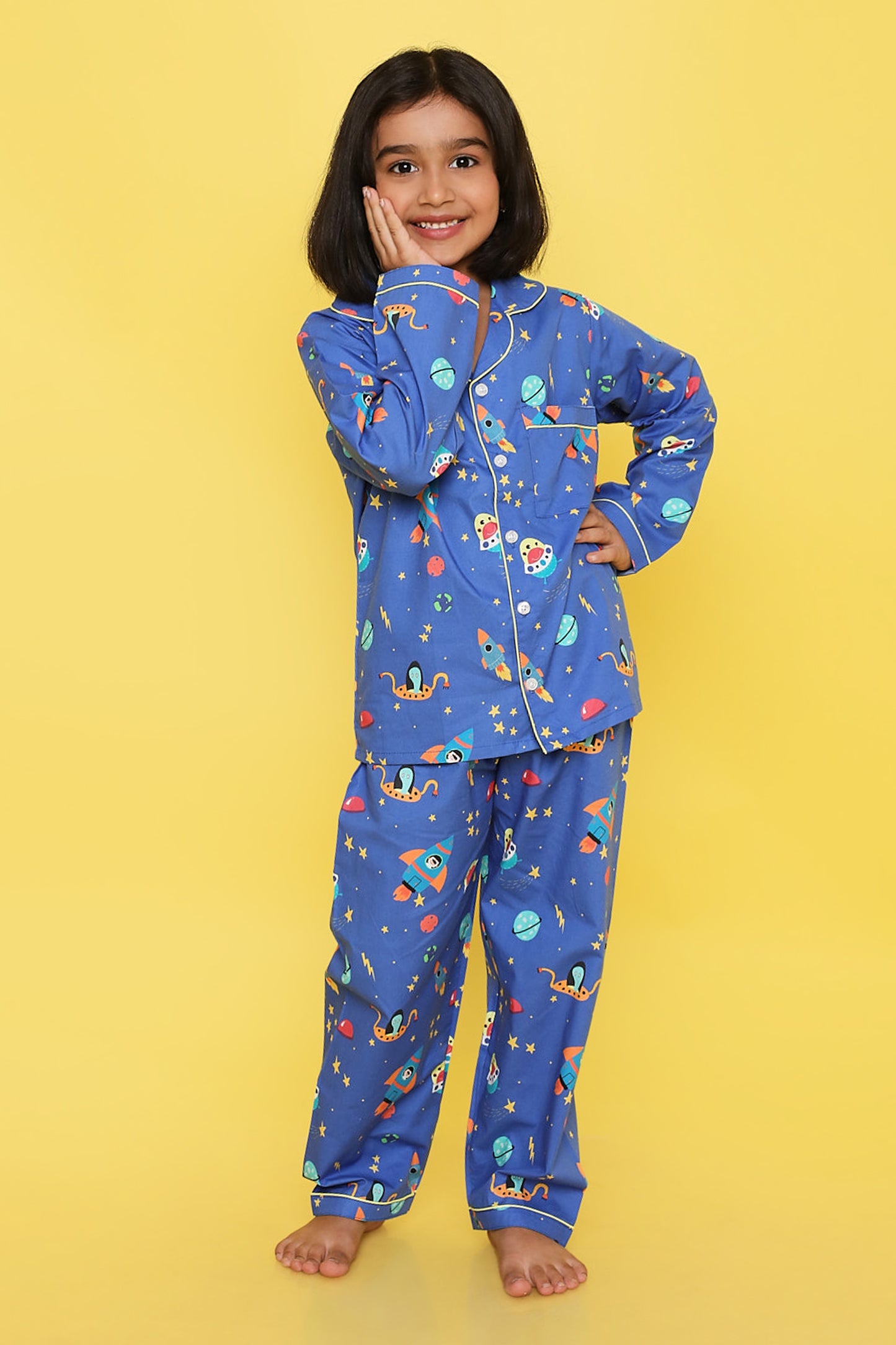 Knitting Doodles Premium cotton Kids' Notched Collar Night suit in interactive space Print- Blue