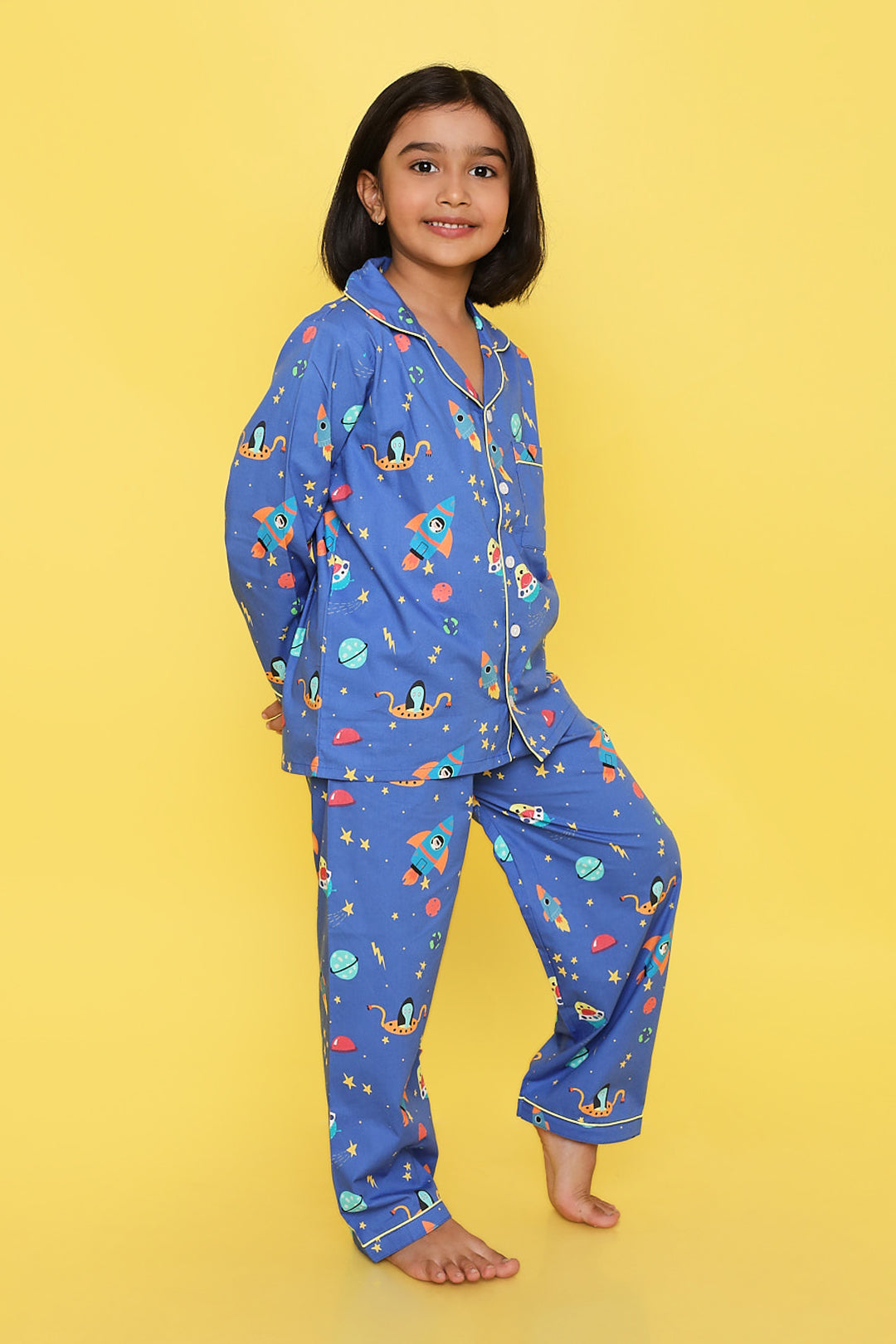 Knitting Doodles Premium cotton Kids' Notched Collar Night suit in interactive space Print- Blue