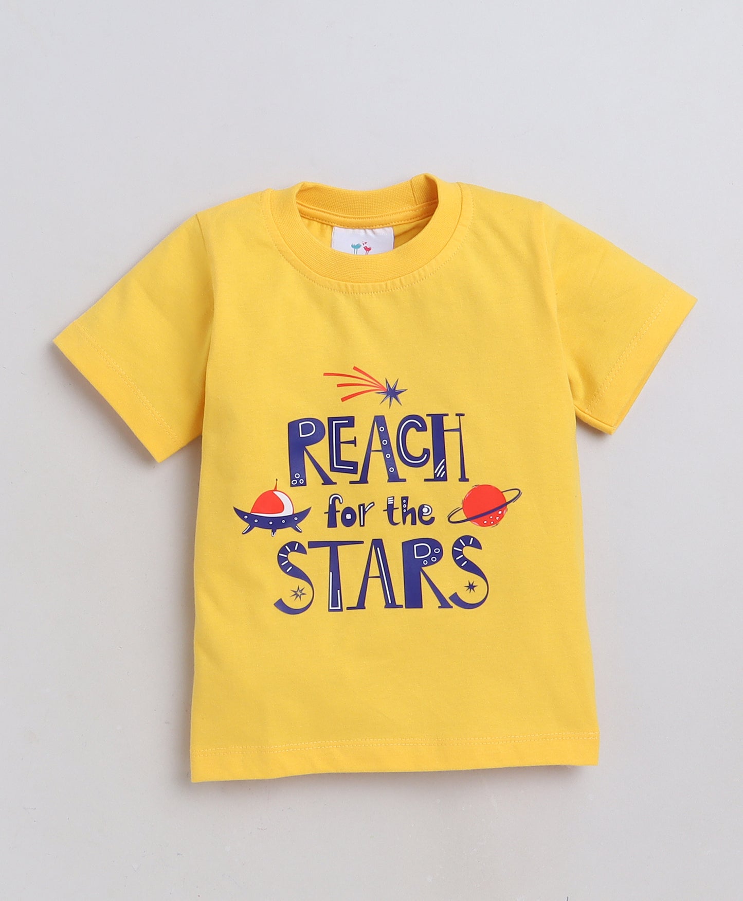 Knitting Doodles Premium Cotton Kids' Night suit with Space print t-shirt and Pyjama- Blue and Yellow