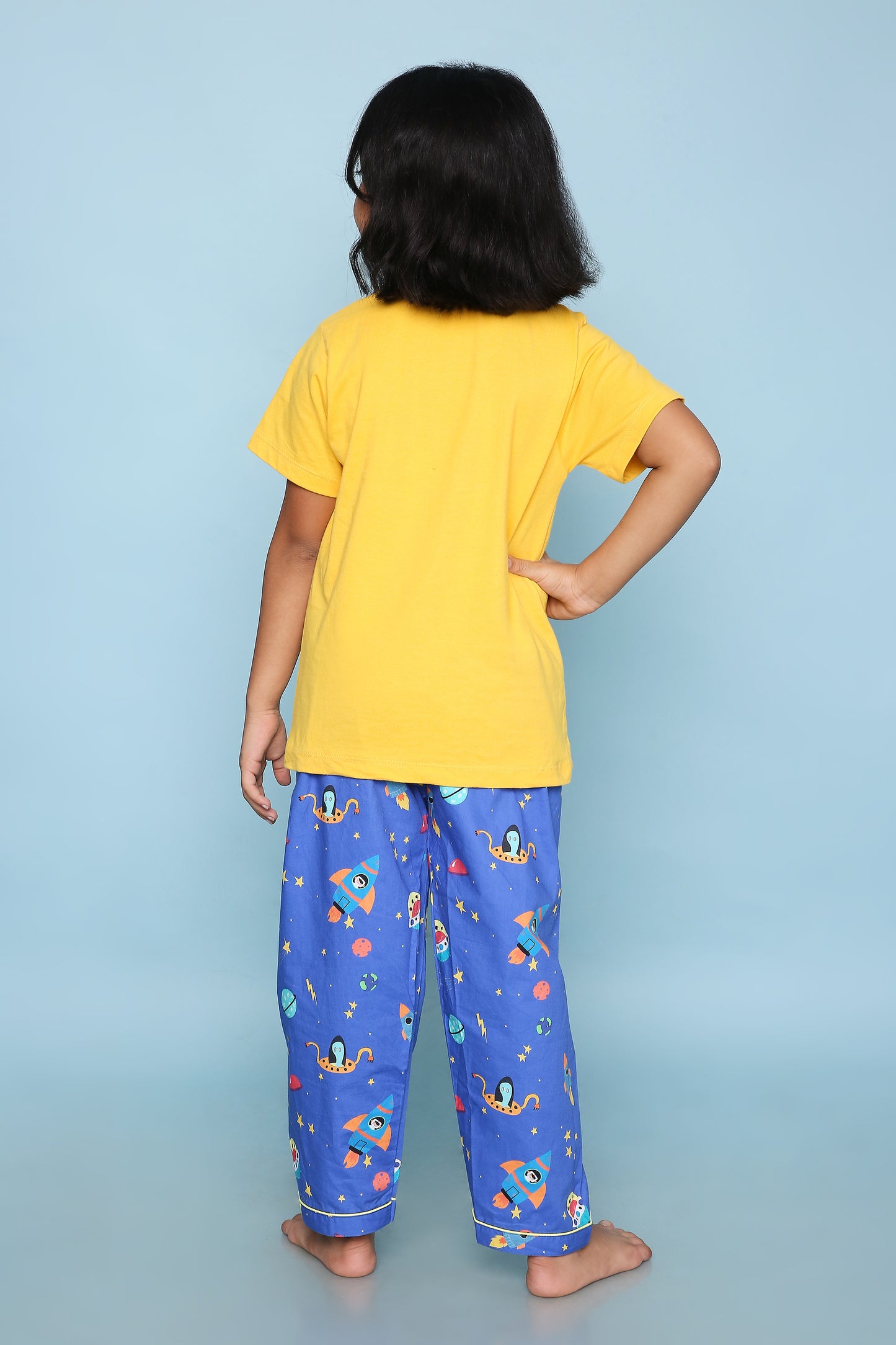 Space Print T-shirt and Pyjama- Blue and Yellow