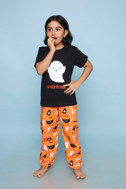 Haloween Print T-shirt and Pyjama- Black and orange