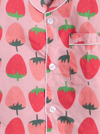 Strawberries Print Night Suit- Pink