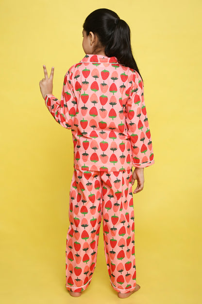 Strawberries Print Night Suit- Pink