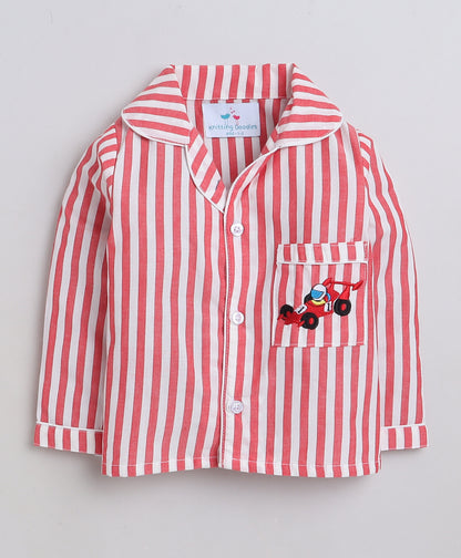 Knitting Doodles Premium Cotton Kids' Stripes Night suit with Smart Racing Car embroidery on pocket- Red and white
