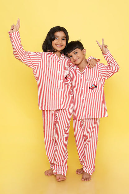 Red and White Stripes Night suit with Smart Racing Car embroidery